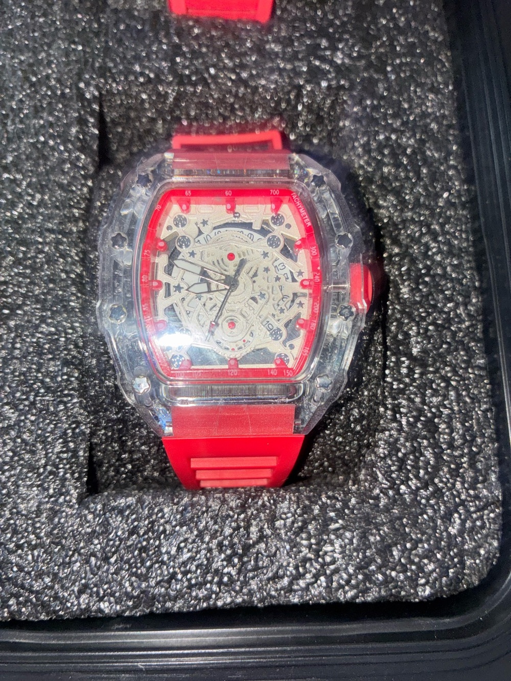 Transparent Case Red Strap Mechanical Sport Watch